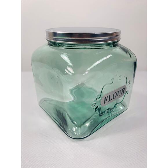 Vintage GREEN Glass Flour Storage Kitchen Container with Lid - Picture 3 of 8